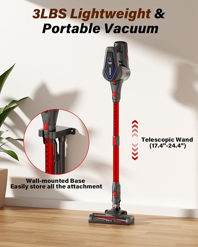 Cordless Vacuum Cleaner, 450W/45KPA Self-Standing Stick Vacuum, Lightweight Handheld Vacuum with LED Screen, Rechargeable Vacuum for Home, Hardwood, Carpets, Pet Hair, Car (Red)