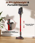 Cordless Vacuum Cleaner, 450W/45KPA Self-Standing Stick Vacuum, Lightweight Handheld Vacuum with LED Screen, Rechargeable Vacuum for Home, Hardwood, Carpets, Pet Hair, Car (Red)