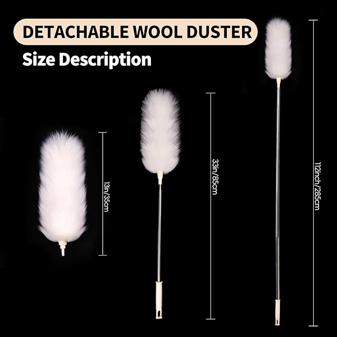 Extendable Lambswool Duster 29-110 Inch,Anti-Static Flexible Head, Stainless Steel Pole for Cleaning High Ceiling,Fan,Furniture,Roof Dusting