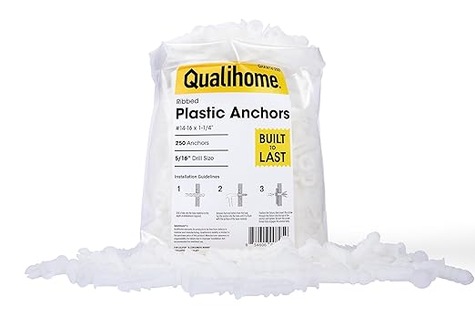 Qualihome Ribbed Plastic Drywall Anchors - Wall Anchors for Drywall - Plastic Screw Anchors for Secure Fastening (Bulk Pack, #14-16 x 1-1/4”)