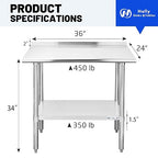 Hally Stainless Steel Table for Prep & Work 24 x 36 Inches, Commercial Heavy Duty Table with Undershelf and Backsplash for Restaurant, Home and Hotel