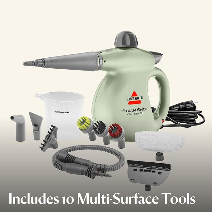 BISSELL® Steam Shot™ OmniReach handheld portable steam cleaner for tile, grout, windows, bathrooms, kitchens, fabric steaming tool, includes 10 tools