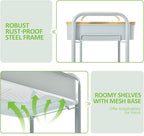 TOOLF 3-Tier Rolling Cart with Table Top, Metal Storage Cart on Wheels, Utility Organizer with Wooden Tray, Lockable Casters, Easy Assembly for Bathroom, Bedroom, Baby Room, Kitchen, Green