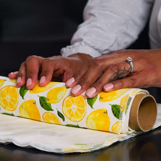 The Useless Brand Reusable Paper Towels Roll | Washable Cotton Flannel Sheets w/Cardboard Roll | Fits on Most Holders (Lemons, 12 Towels)
