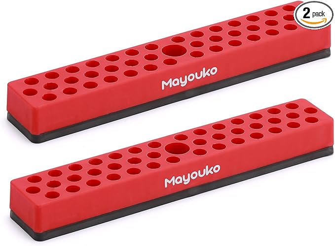 Mayouko 1/4" Magnetic Hex Bit Holder Rack Organizer, 43 Holes, 1/4-Inch Drill Bit Holder, Red, 2 Racks, Magnetic Bit Holder with Magnet Base for Screwdriver Bits