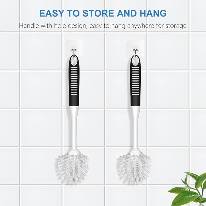 SetSail Dish Brush with Handle, 2 Pack Stiff Bristles Dish Scrubber with Built-in Scraper Dish Scrub Brushes for Cleaning Dishes, Pots and Pans, Kitchen Sink, White