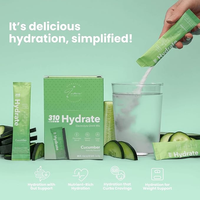 310 Nutrition Sugar Free Electrolytes Powder - Instant Hydration Packets for Daily Fluid Balance - Caffeine-Free Rehydration Drink Mix w/ Vitamins, Low Calorie & Keto Friendly - Cucumber 30 Singles