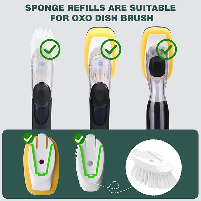 Sponge Brush Refills for OXO Dish Brush, 8 Pack Soap Dispensing Dish Refills, Scrub Replacement Head for Scrubber, Sponge Replacement Head Fits Soap Dispensing Handle