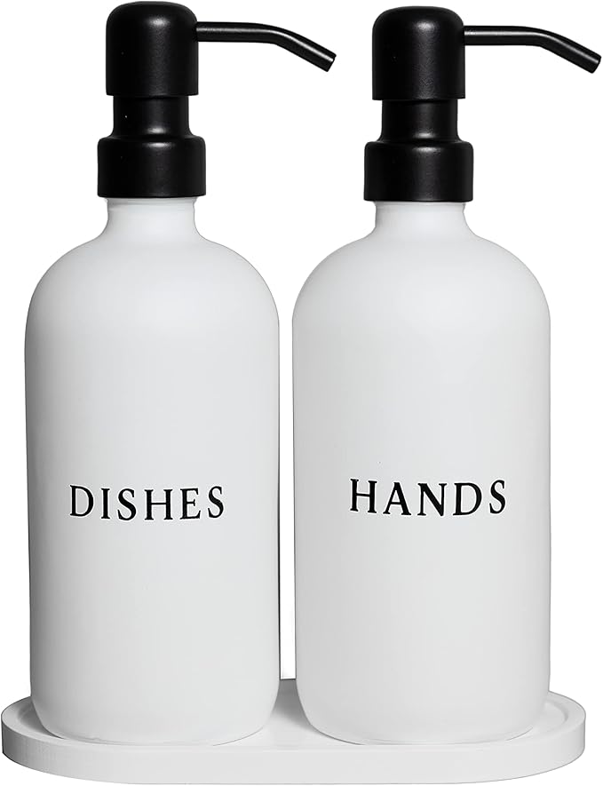 White Glass Hand and Dish Soap Dispenser Set - Modern Farmhouse Sink Accessories - 16 oz Kitchen Sink Set With Tray, Black Pumps & Funnel