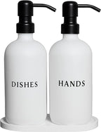 White Glass Hand and Dish Soap Dispenser Set - Modern Farmhouse Sink Accessories - 16 oz Kitchen Sink Set With Tray, Black Pumps & Funnel