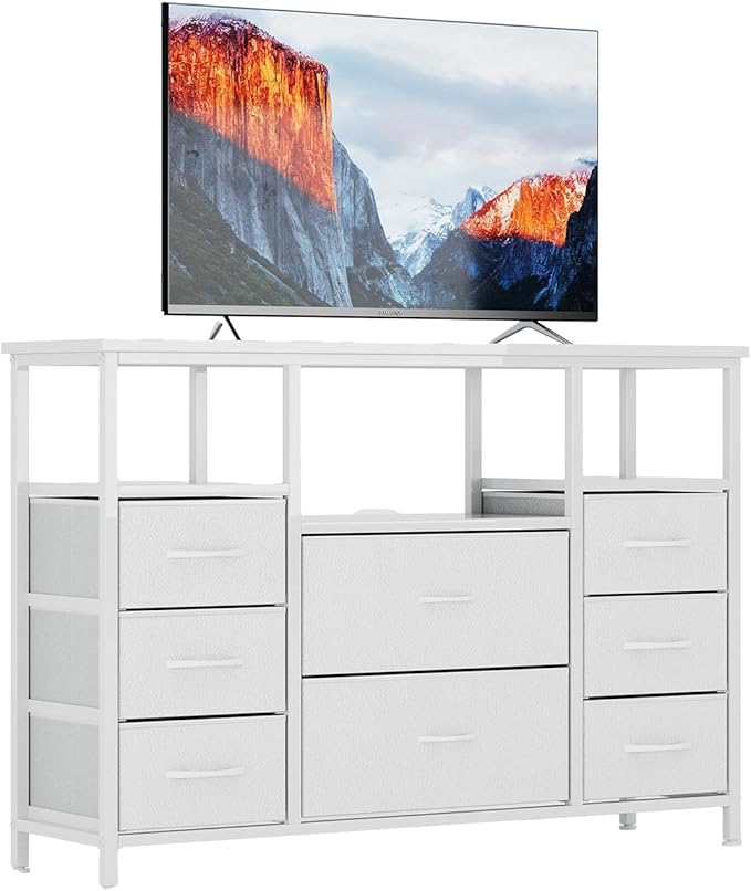 8-Drawer Fabric Dresser TV Stand for 40" TV - Sturdy Steel Frame & Wood Top Chest of Drawers, Lightweight Storage Organizer for Bedroom, Closet, Entryway (43.31" Wide, White)