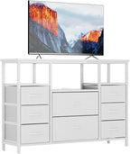 8-Drawer Fabric Dresser TV Stand for 40" TV - Sturdy Steel Frame & Wood Top Chest of Drawers, Lightweight Storage Organizer for Bedroom, Closet, Entryway (43.31" Wide, White)