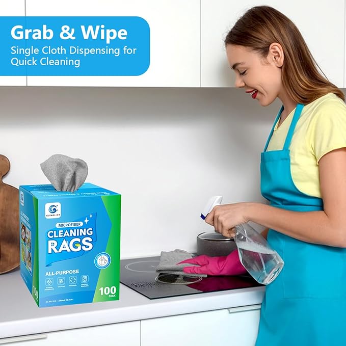 GLIMGLINT Microfiber Cleaning Cloth, 100 Pack Cleaning Rags, Lint-Free, Ultra Absorbent Reusable Paper Towels for Home, Kitchen, Car, Garage or Shop, Dish Rags, 11" x 9", Grey