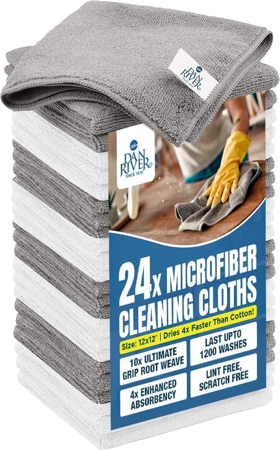 DAN RIVER 24-Pack Microfiber Towels – Ultra Absorbent, lint Free Cloth & Streak-Free for Home, Car & Kitchen - Must-Have Cleaning Essentials - 12" x 12" - Gray White