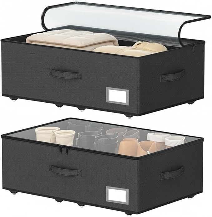 Underbed Storage With Wheels, No Assemble Required 12 inches Height Under bed Storage Bins,Large Capacity Rolling Shoe Storage Containers，Dorm clothes Storage
