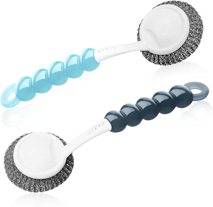 Stainless Steel Scrubber Dish Brush with Handle, Kitchen Steel Wool Pot Scrubber Metal Scrubber Dish Scrub Brush, Steel Scrubbers for Cleaning Dishes Pots, Pans, Grills, Sinks, Dishwashing Supplies