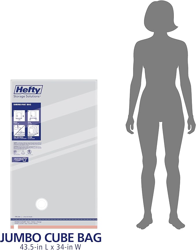 Hefty Shrink-Pak Vacuum Storage Bags – For Clothes, Pillows, Towels, Blankets & More – Space Saver Vacuum Suction Sealer Bags for Home or Travel – 4 Jumbo Cubes, 43.5 x 34 x 18 Inches