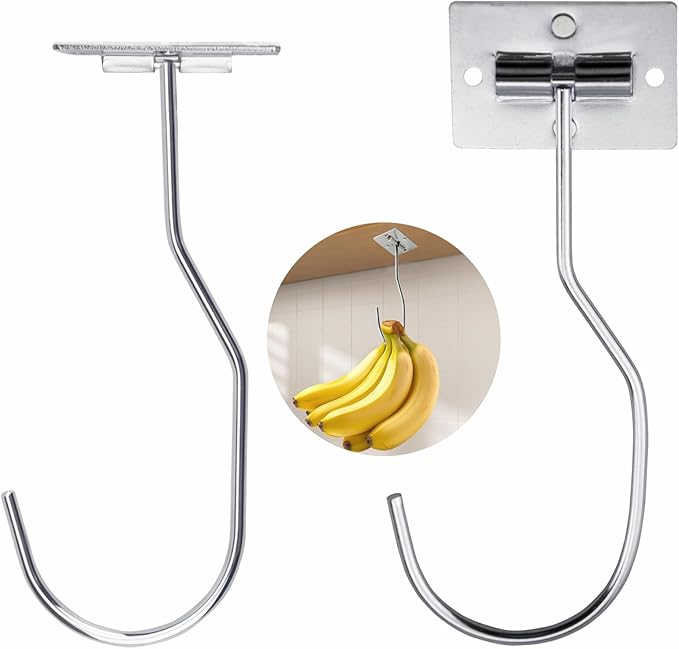 Self-Adhesive Banana Hooks, Foldable Magnetic Hanger Under Cabinet, Sturdy Metal Banana Holder for Kitchen, Space-Saving Design to Keep Bananas Fresh 1 Pieces Silver