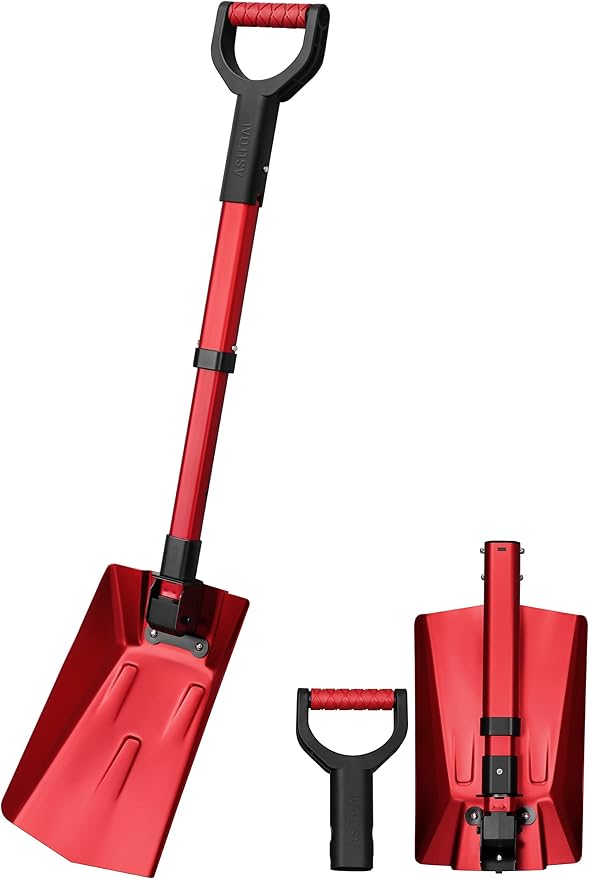 AstroAI 38.4" Folding Snow Shovel for Car, Extendable Snow Shovel with Thickened Aluminum Handle and Reinforced Iron Hinge, Portable and Multifunctional for Driveway, Cars, Camping and Mud, Red