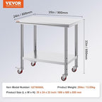 Vevor Mophorn Stainless Steel Work Table 36x24 Inch with 4 Wheels, Casters Heavy Duty Food Prep Worktable for Commercial Kitchen Restaurant, Silver