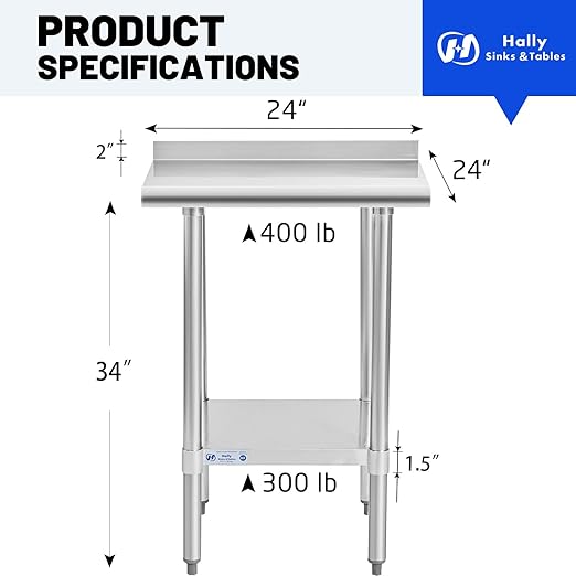 Hally Stainless Steel Table for Prep & Work 24 x 24 Inches, NSF Commercial Heavy Duty Table with Undershelf and Backsplash for Restaurant, Home and Hotel