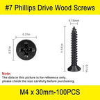 100 Pcs #7 X 1-1/4'' Black Screws,Drywall Screws, Phillips Flat Head Long Screw, Black Wood Screws,Used in Furniture,Woodworking Repairs and DIY Projects（M4 X 30mm