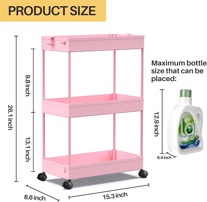 SPACEKEEPER Rolling Storage Cart 3 Tier, Bathroom Cart Organizer Laundry Room Organizer Utility Cart Mobile Shelving Unit Multi-Functional Shelves for Office, Kitchen, Bathroom, Pink