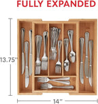 HIC Kitchen Expandable 6-Slot Silverware Cutlery Utensil Storage Tray, Natural Bamboo, Opens to 14-Inches