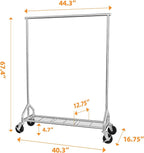 Ekisemio Heavy Duty Rolling Clothes Rack with Wheels and Shelves, 450 lbs Capacity, Portable Garment Rack for Hanging Clothes, Standing Wardrobe for Closet, Bedroom, Commercial Use, Chrome