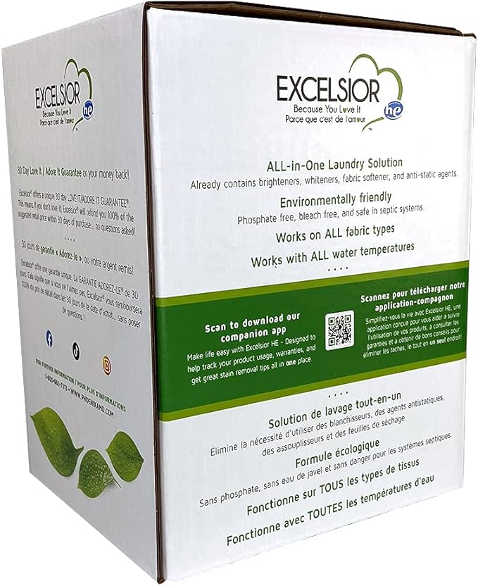 Excelsior Laundry Detergent with Stain Remover - Concentrated Liquid - Fresh Scent - Eco-Friendly, Biodegradable, Solvent, and Phosphate Free - for Standard and High-Efficiency Washers - 3 Liter Box…