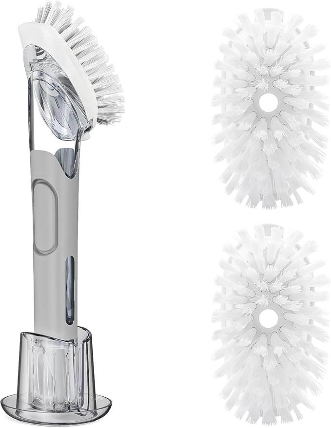 Soap Dispensing Replacement Dish Brush Storage Set with 2 PCS Brush Refills & Holder - RIMAY Dispenser Scrub Cleaning Scrubber Kitchen Dishwashing Dish Wand Handle for Dishes/Pans/Pots/Sink(Grey)