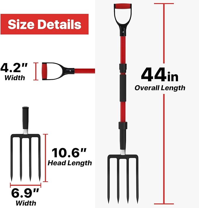 COSITA Pitch Fork for Garden, 44-Inches Pitchfork with Fiberglass Handle, Gardening Spading Fork with 4 Metal Tines, Heavy Duty Pitchfork for Manure, Mulch, Digging, Aeration, Red