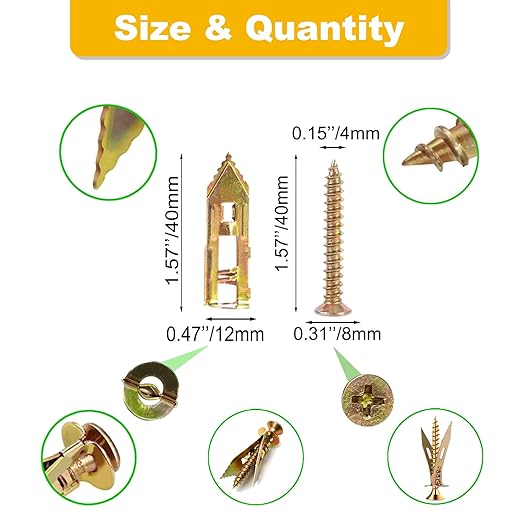 120 PCS Drywall Self Drilling Anchors with Screws Kit,60 Sheetrock Anchors (0.47X1.57inch) and 60 Zinc Plated Screws, Easy Application No Drill or Holes in Wall.