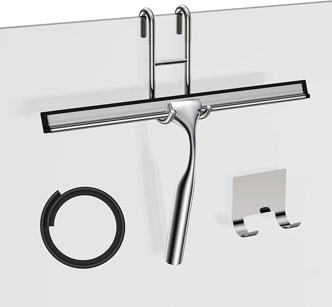 Shower Squeegee for Glass Door 12-Inch Stainless Steel Bathroom Squeegee Window Wiper, Includes Shower Door Hook, Adhesive Hook, and Spare Silicone Blade for Window Mirror Car All-Purpose Squeegee