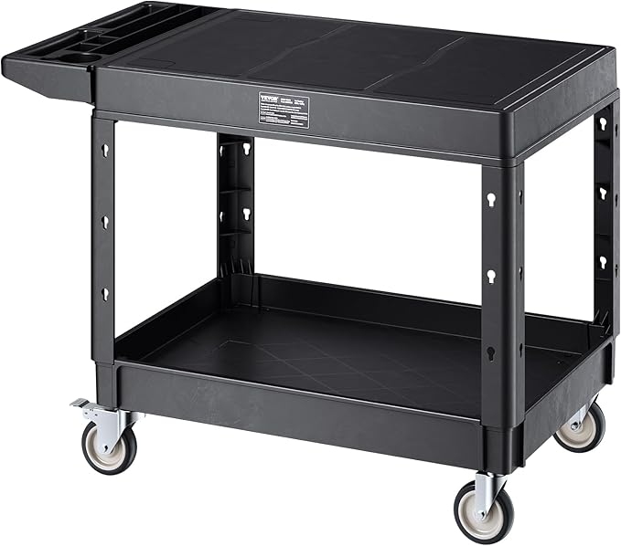 VEVOR Utility Cart, 550 lbs Load Capacity, 37 x 25.4-inch Service Cart, Two-Shelf Heavy Duty Plastic Utility Cart with 360° Swivel Wheels (2 with Brakes), Suitable for Warehouse, Garage, Cleaning