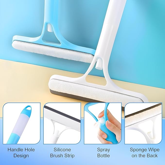 3 in 1 Window Cleaning Scraper with Spray, Scrubber and Shower Squeegee for Glass Doors, Mirrors, Car and Home, All-Purpose Window Cleaner Tool (Blue)