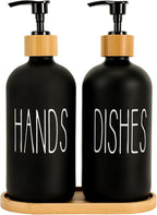 Matte Black Glass Soap Dispenser Set Hand and Dish Soap Dispensers Suitable for Rustic Kitchen Decor (Black)