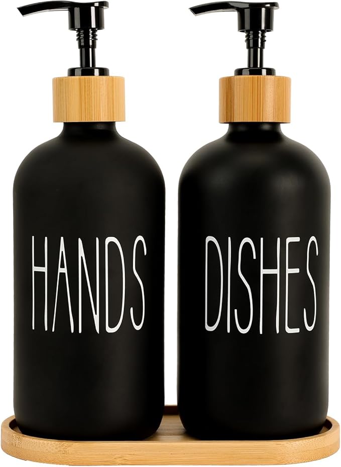 Matte Black Glass Soap Dispenser Set Hand and Dish Soap Dispensers Suitable for Rustic Kitchen Decor (Black)