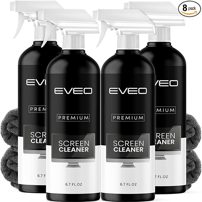 EVEO® Screen Cleaner Spray Kit (Streak-Free) TV Screen Cleaner for Smart TV, LCD, LED, OLED | Computer Screen Cleaner Spray and Wipe Microfiber Cloth - TV, Monitor, Laptop, iPad, Car - 6.7oz 4 Pack