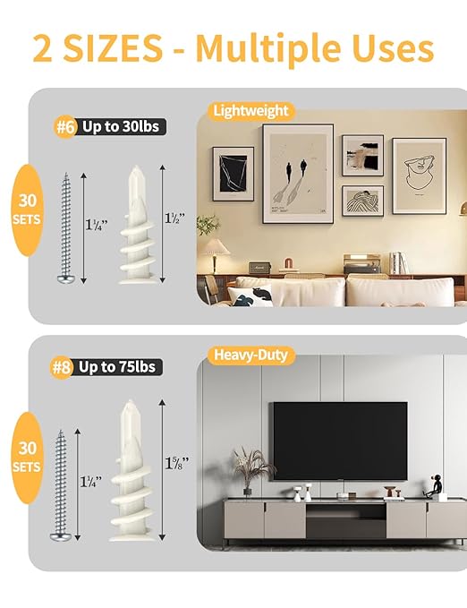 Self Drilling Drywall Anchors and Screws Kit (120PCS, 2 Sizes – #6 & #8) – Heavy Duty Wall Anchors for Curtain Rods,Shelves,Picture Frames – No Pre-Drill,Easy Installation