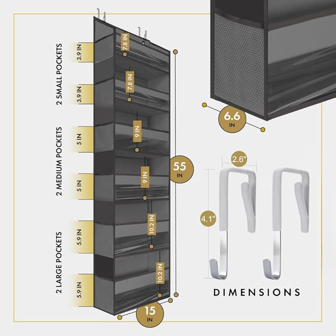 HOMELUX THEORY UPGRADED Over The Door Organizer Hanging - 100D EXTRA THICK & 50lbs HUGE CAPACITY 6 Large Front & 12 Side Pockets, Over The Door Shoe Organizer, Hanging Closet Organizer (DarkGray, 2pc)
