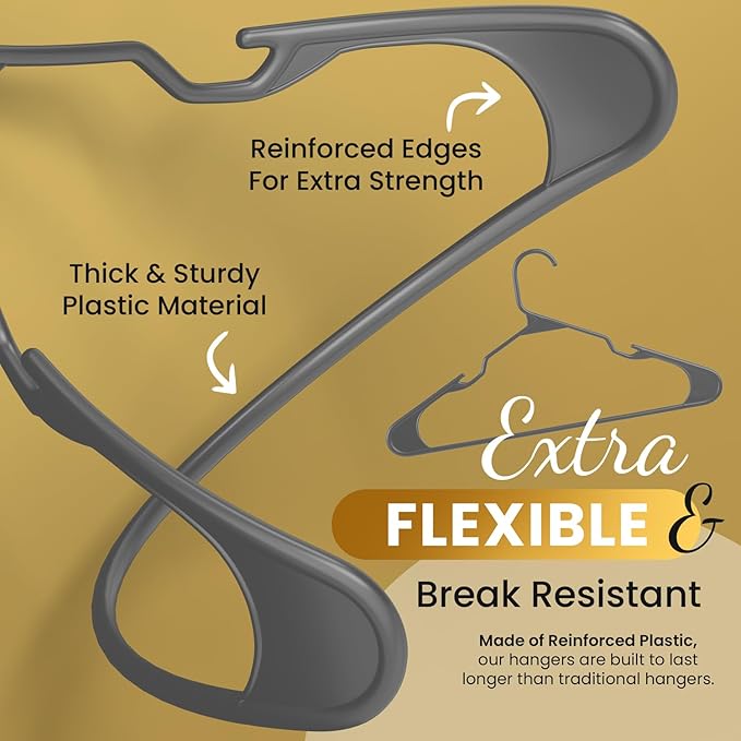 Our Modern Space 30 Pack Adult Plastic Hanger for Shirt Pants Coats Dresses Skirts Suits Jackets - Standard Thick Coat Hanger - Sturdy & Durable Design with Shoulder Grooves Hook - Grey