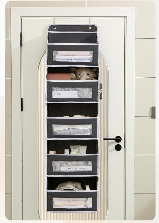 Over The Door Organizer Storage, 5 Shelf Hanging Door Organizer with 5 Large Capacity Pockets, Anti Tilt 44 lb Load Hanging Organizer for Bedroom, Bathroom, Pantry, Nursery (Grey, 1 Pack)