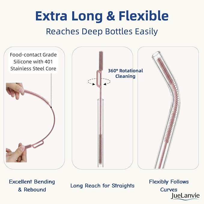 2-in-1 Dual-Head Straw Brush, Premium Silicone Cleaning Brush for Straws & Lid Gaps, Long Flexible for Tumblers & Bottles, Non-Slip Handle, No-Scratch, 2 Pack (6mm & 9mm), Durable & Reusable（Gray