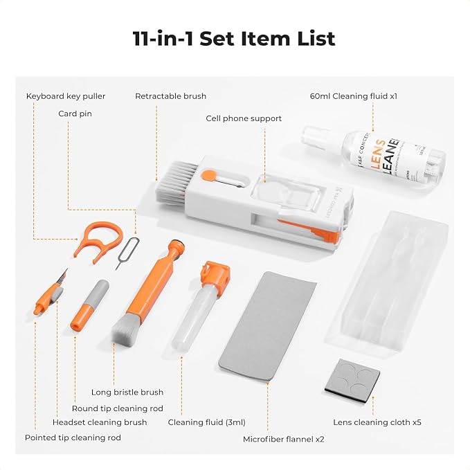 K&F CONCEPT Newly Upgraded 11-in-1 Keyboard Cleaning Kit with Extra 60ml Cleaner - Multifunction Electronic Device Cleaner Set for Cell Phone Tablet PC Camera Keyboard Earbud