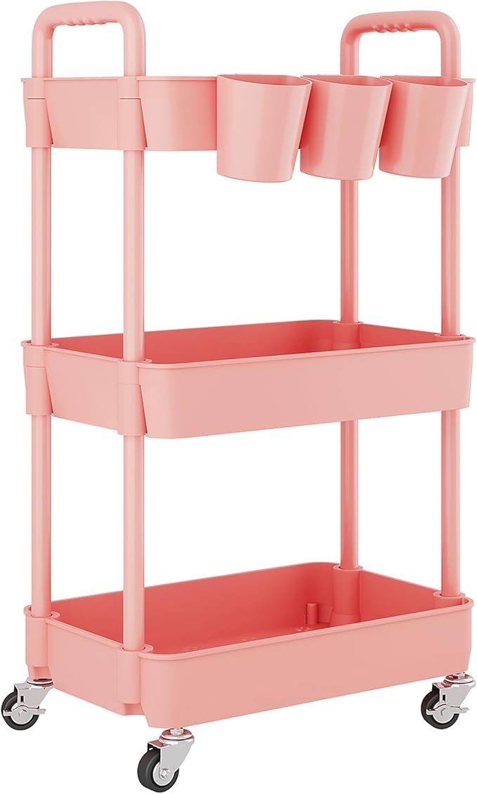 UDEAR 3-Tier Rolling Utility Cart,Multifunctional Storage Shelves with Handle and Lockable Wheels for Room,Office,Kitchen,Bathroom,with 3 Hanging Cups,Pink