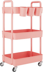 UDEAR 3-Tier Rolling Utility Cart,Multifunctional Storage Shelves with Handle and Lockable Wheels for Room,Office,Kitchen,Bathroom,with 3 Hanging Cups,Pink