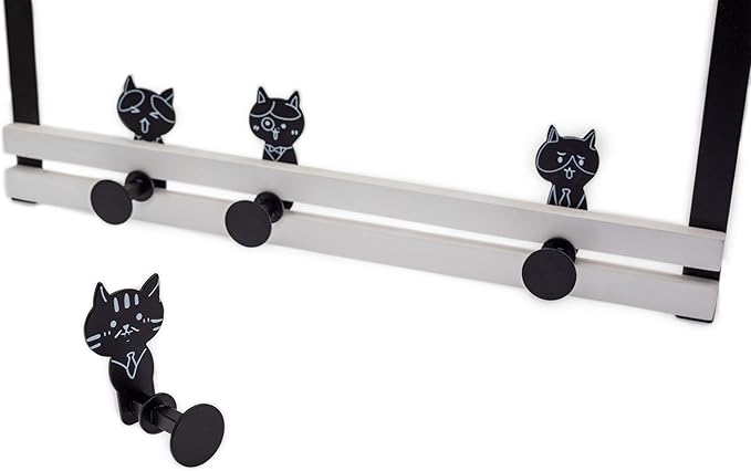 Creathome Over The Door Rail with 4 Peg Hooks, Lovely Cat Pattern, Black and White Style