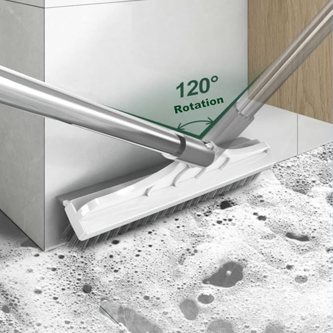 2 in 1 Floor Brush Scrubber with Long Handle Grout Brush 3 Poles 53.5'' New Upgrade Stiff Bristle Cleaning Scrub Brush with Squeegee 120°Rotating Tile Brush for Cleaning Bathroom Glass Patio Kitchen