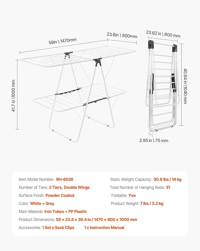 VEVOR Clothes Drying Rack, 2-Tier Foldable Laundry Dryer Rack with Sock Clips & 31 Dry Rods, Metal Height Adjustable Drying Racks for Outdoor & Indoor, Free-Standing & Space-Saving Hanger, White